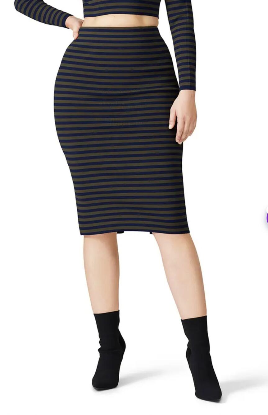 GOOD AMERICAN NWT Striped Midi Pencil Skirt in Navy Green // XL